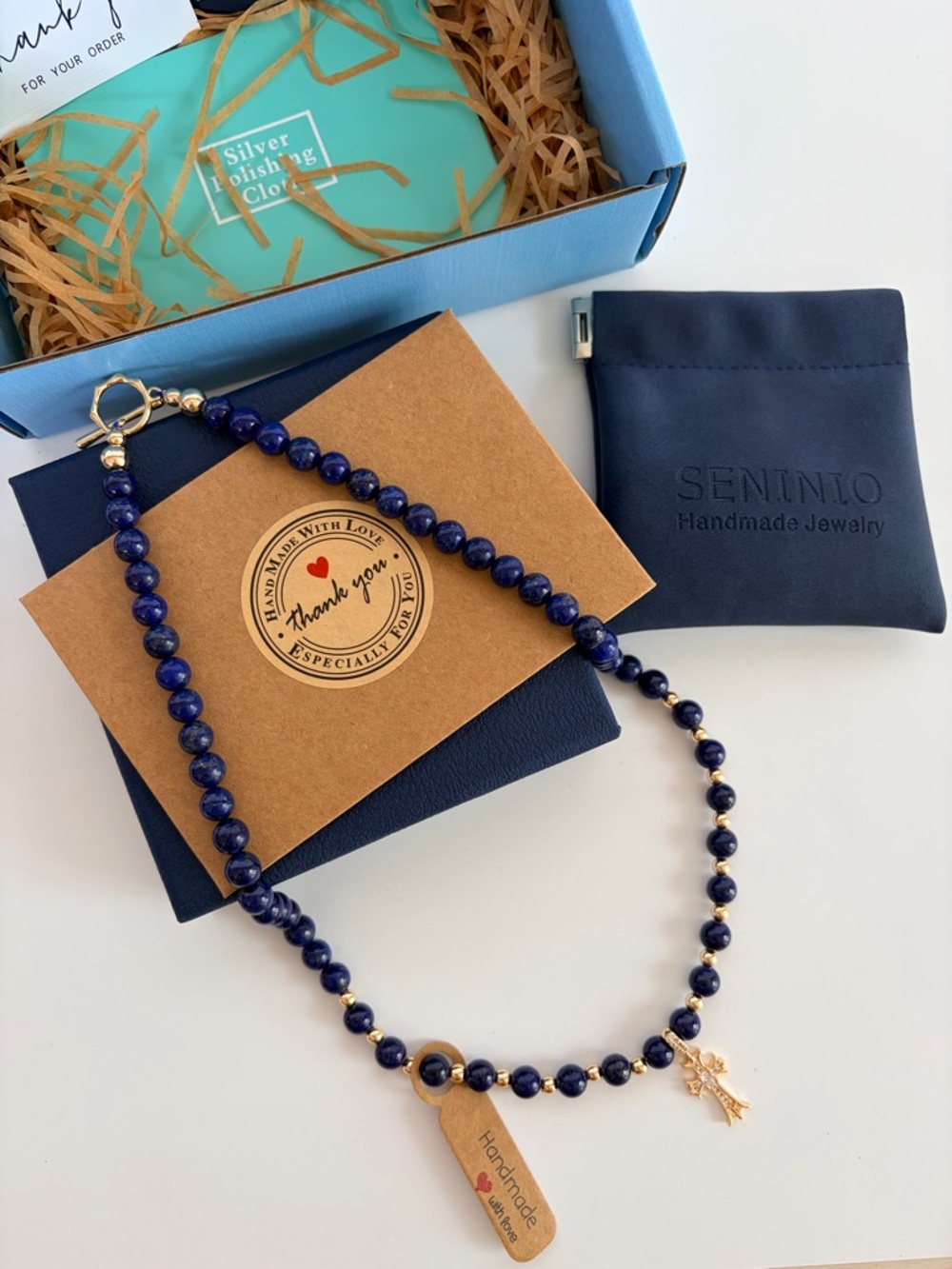 Lapis Lazuli Necklace + 14K Gold Plated Cross